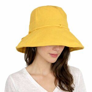 100% Cotton Wired Edge Bucket Hat Yellow UV Sun Protection with Strap for Women